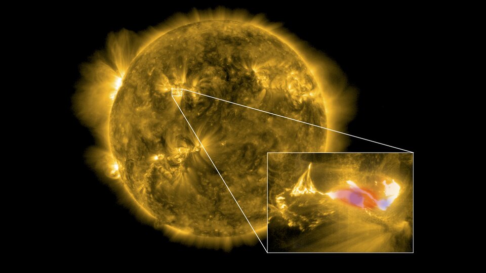 A solar flare as seen by Solar Orbiter; the blue and red colours show sources of different types of X-rays